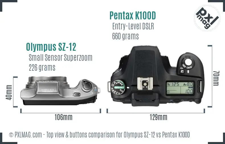 Olympus SZ-12 vs Pentax K100D top view buttons comparison