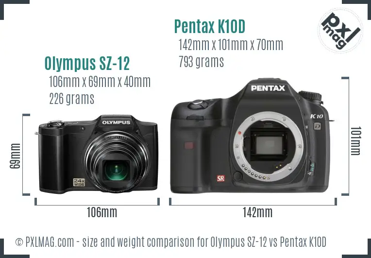 Olympus SZ-12 vs Pentax K10D size comparison