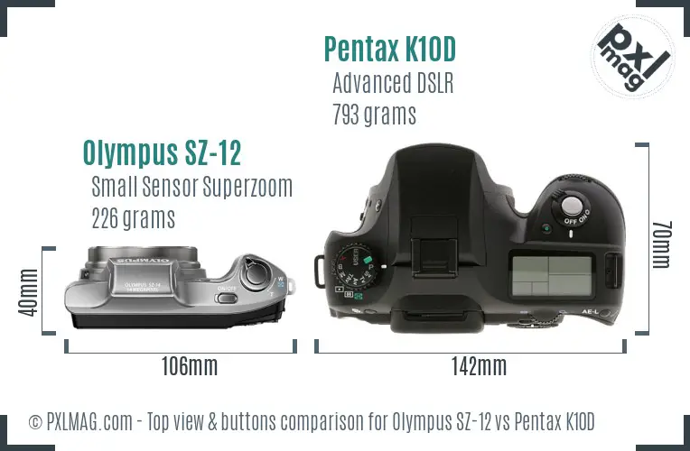 Olympus SZ-12 vs Pentax K10D top view buttons comparison