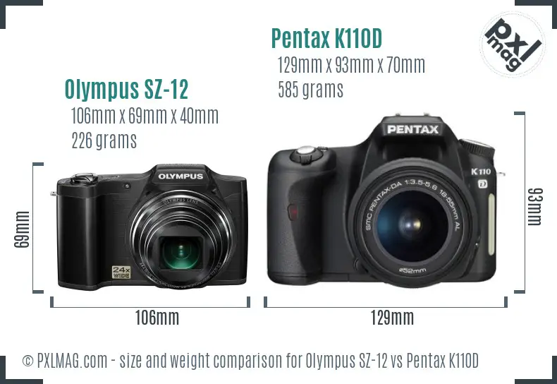 Olympus SZ-12 vs Pentax K110D size comparison