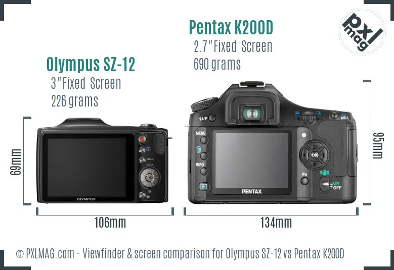 Olympus SZ-12 vs Pentax K200D Screen and Viewfinder comparison