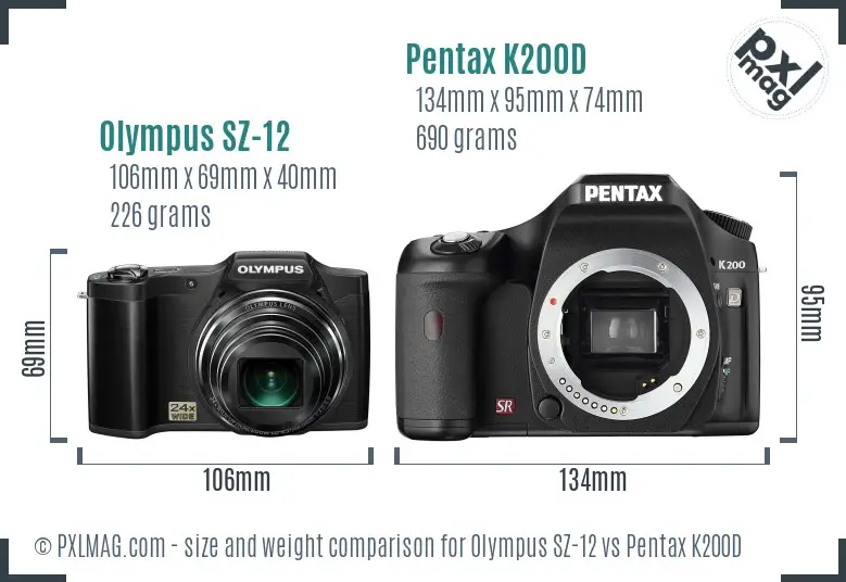 Olympus SZ-12 vs Pentax K200D size comparison