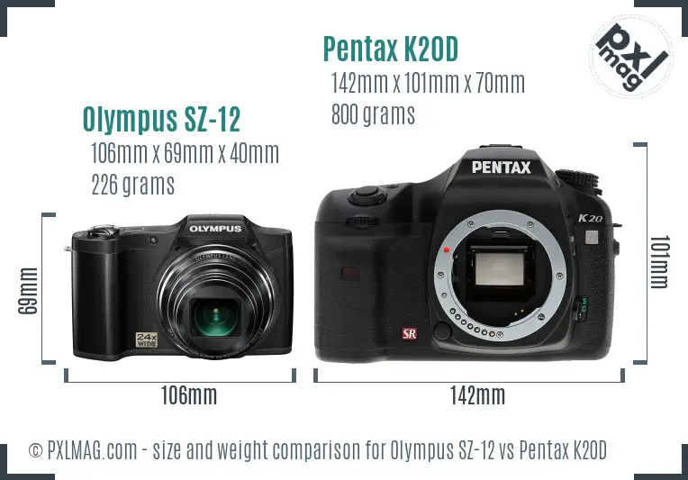 Olympus SZ-12 vs Pentax K20D size comparison