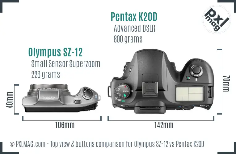 Olympus SZ-12 vs Pentax K20D top view buttons comparison