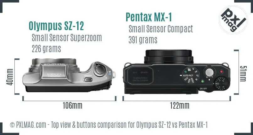 Olympus SZ-12 vs Pentax MX-1 top view buttons comparison