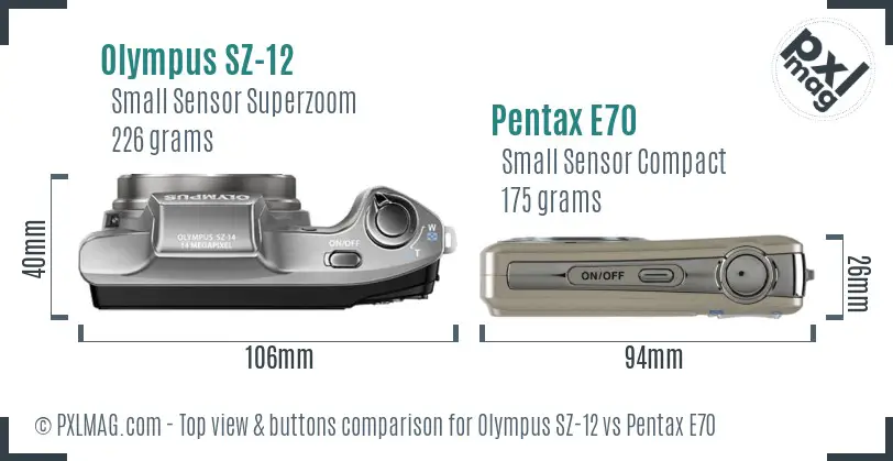 Olympus SZ-12 vs Pentax E70 top view buttons comparison