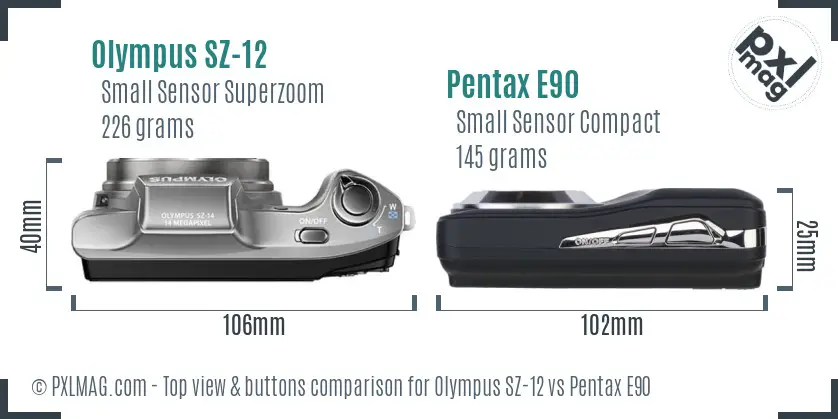 Olympus SZ-12 vs Pentax E90 top view buttons comparison