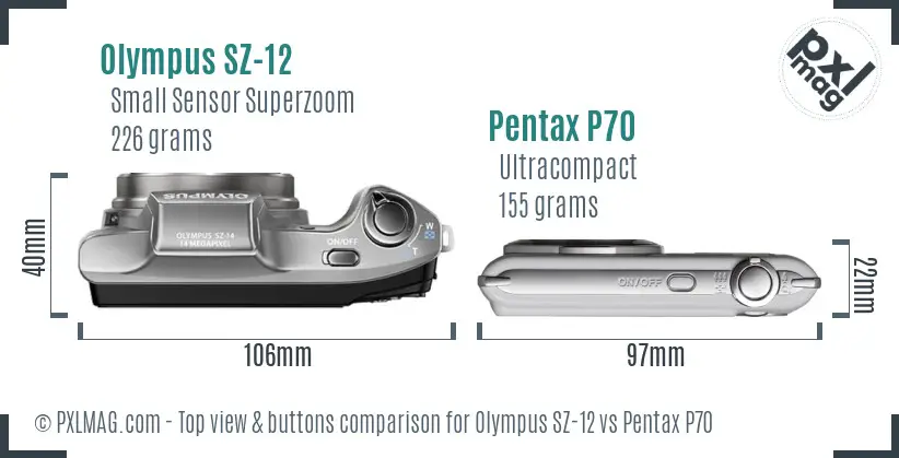 Olympus SZ-12 vs Pentax P70 top view buttons comparison