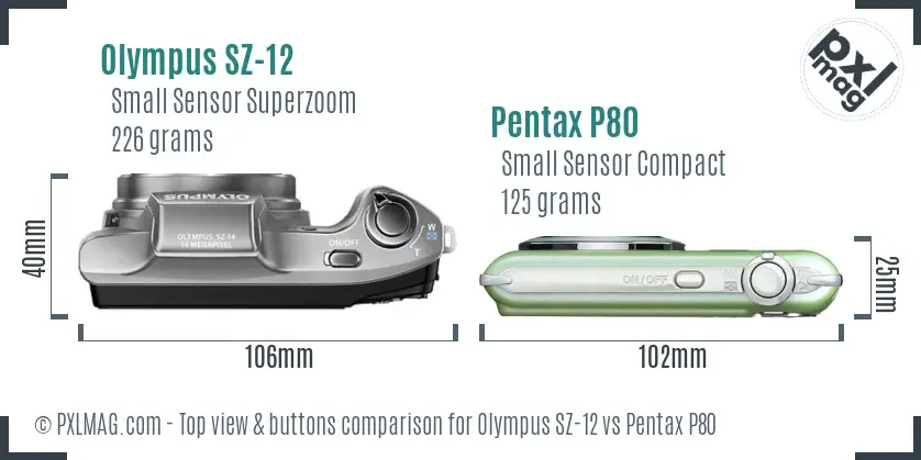Olympus SZ-12 vs Pentax P80 top view buttons comparison