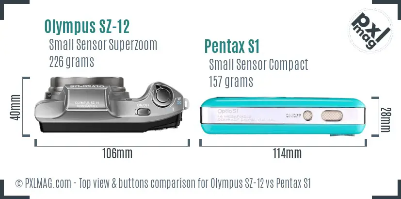 Olympus SZ-12 vs Pentax S1 top view buttons comparison