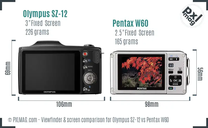 Olympus SZ-12 vs Pentax W60 Screen and Viewfinder comparison
