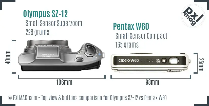 Olympus SZ-12 vs Pentax W60 top view buttons comparison