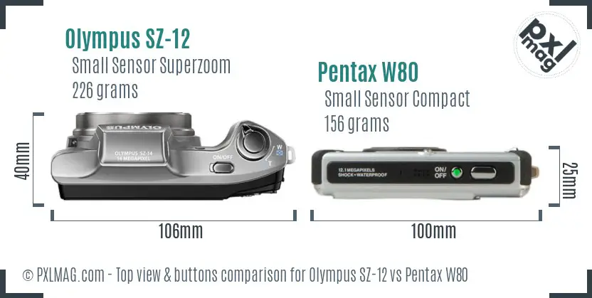 Olympus SZ-12 vs Pentax W80 top view buttons comparison