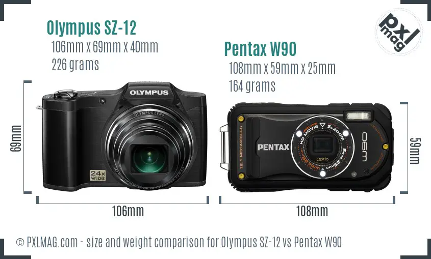 Olympus SZ-12 vs Pentax W90 size comparison