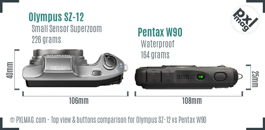 Olympus SZ-12 vs Pentax W90 top view buttons comparison