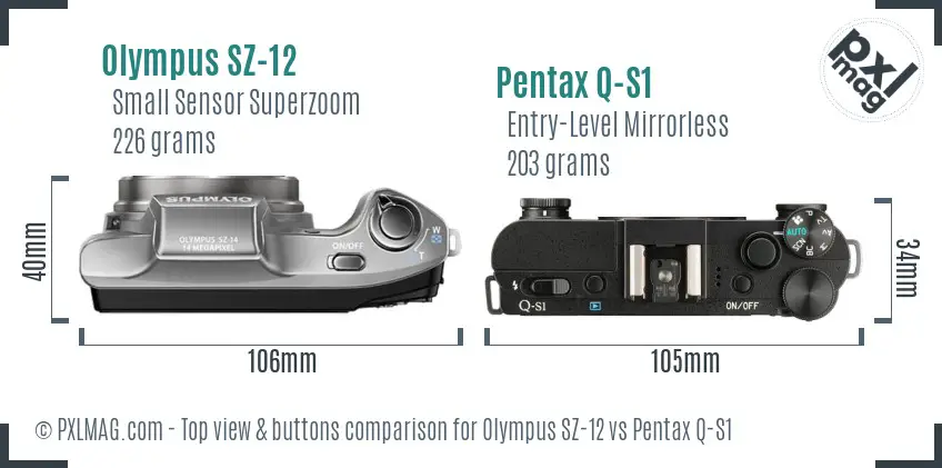 Olympus SZ-12 vs Pentax Q-S1 top view buttons comparison