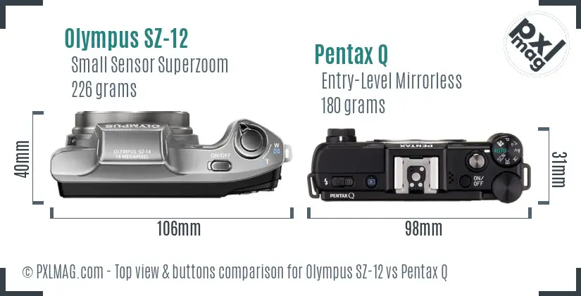 Olympus SZ-12 vs Pentax Q top view buttons comparison