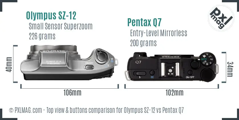 Olympus SZ-12 vs Pentax Q7 top view buttons comparison