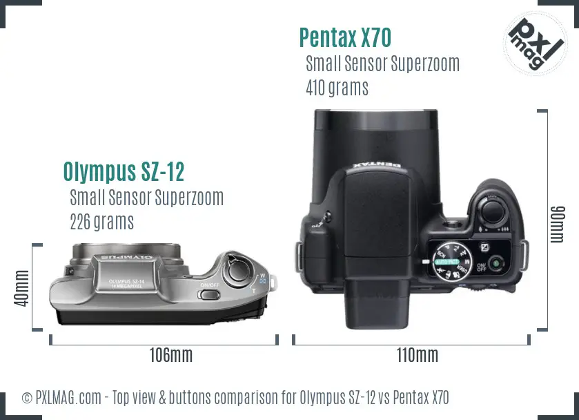 Olympus SZ-12 vs Pentax X70 top view buttons comparison