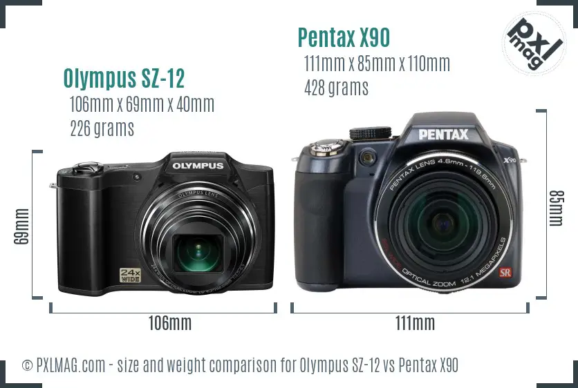 Olympus SZ-12 vs Pentax X90 size comparison