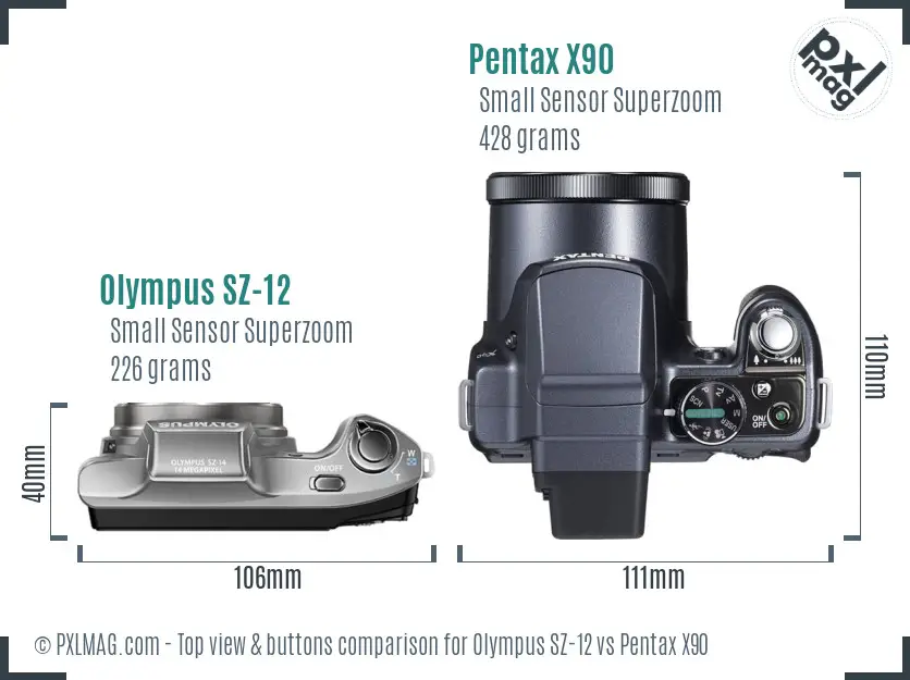 Olympus SZ-12 vs Pentax X90 top view buttons comparison