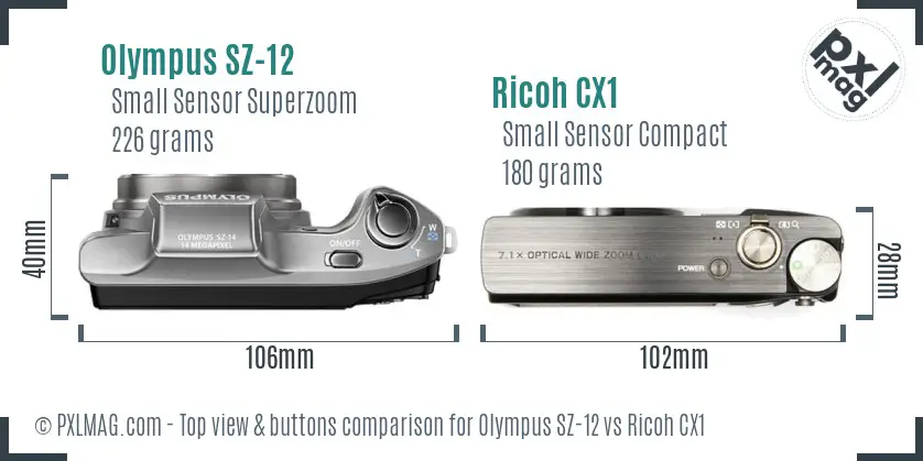 Olympus SZ-12 vs Ricoh CX1 top view buttons comparison