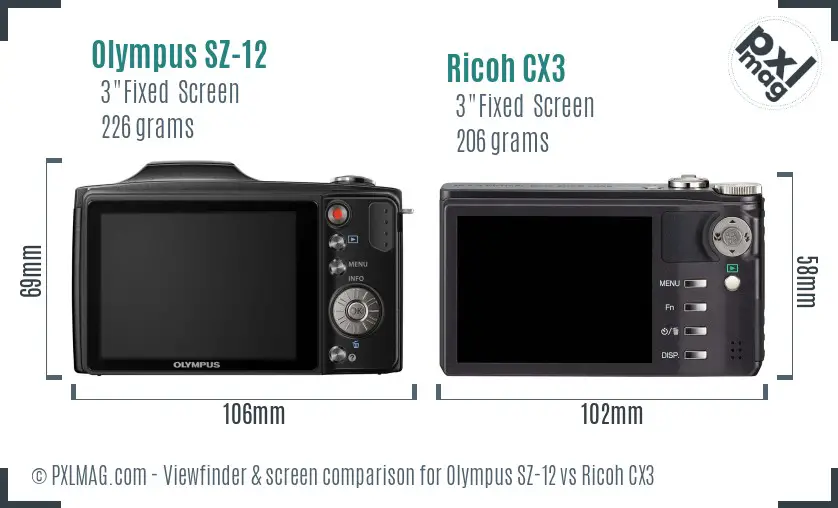 Olympus SZ-12 vs Ricoh CX3 Screen and Viewfinder comparison