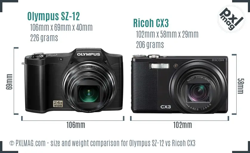 Olympus SZ-12 vs Ricoh CX3 size comparison