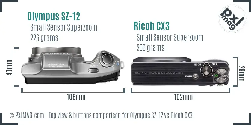 Olympus SZ-12 vs Ricoh CX3 top view buttons comparison