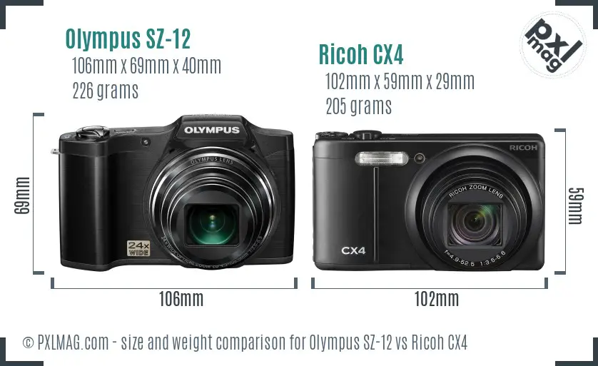 Olympus SZ-12 vs Ricoh CX4 size comparison Olympus SZ-12 vs Ricoh CX4 size comparison