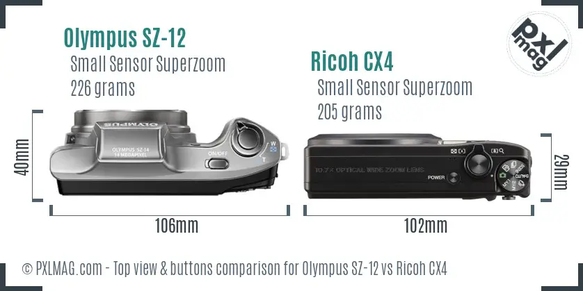 Olympus SZ-12 vs Ricoh CX4 top view buttons comparison Olympus SZ-12 vs Ricoh CX4 top view buttons comparison