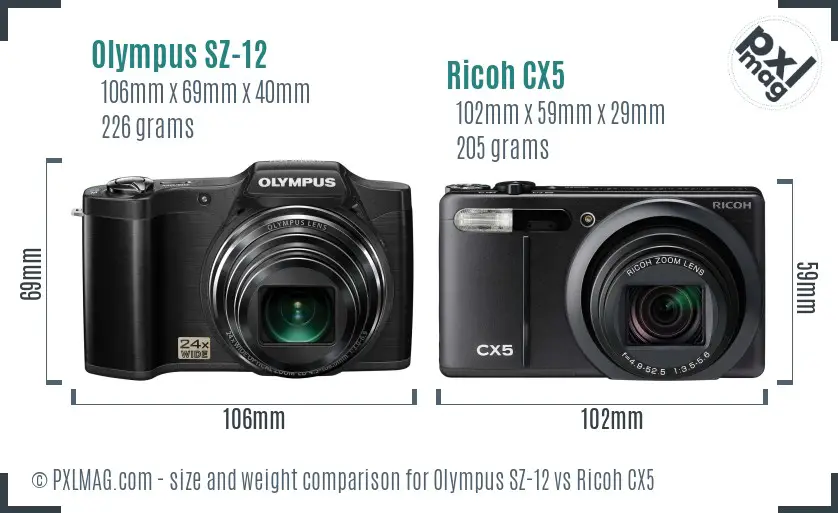 Olympus SZ-12 vs Ricoh CX5 size comparison