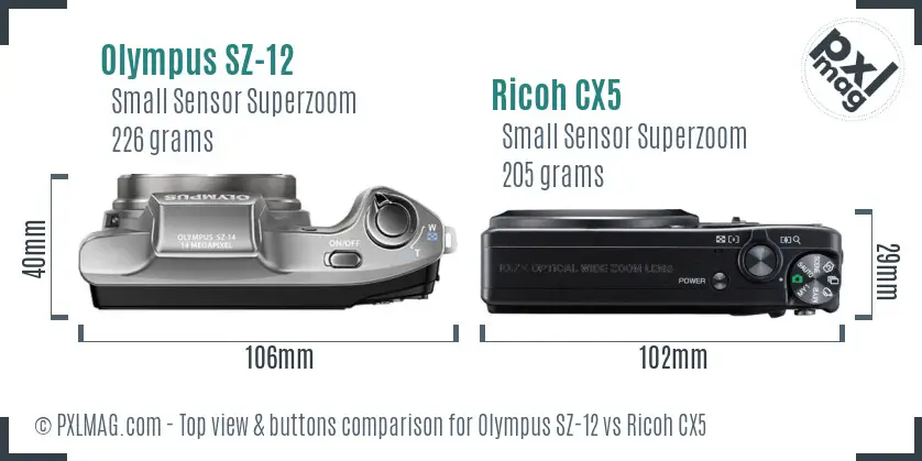 Olympus SZ-12 vs Ricoh CX5 top view buttons comparison