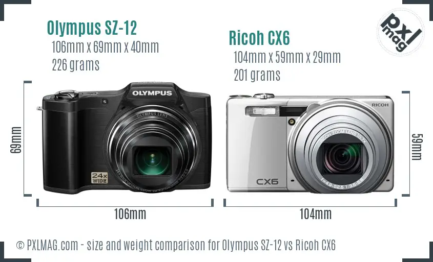 Olympus SZ-12 vs Ricoh CX6 size comparison