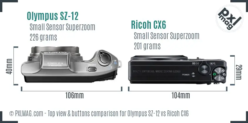 Olympus SZ-12 vs Ricoh CX6 top view buttons comparison