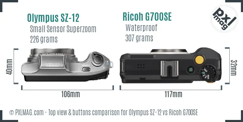 Olympus SZ-12 vs Ricoh G700SE top view buttons comparison