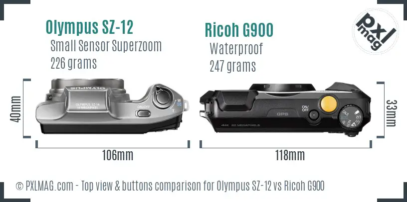 Olympus SZ-12 vs Ricoh G900 top view buttons comparison