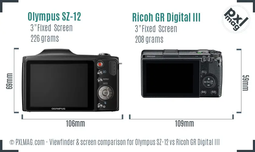 Olympus SZ-12 vs Ricoh GR Digital III Screen and Viewfinder comparison