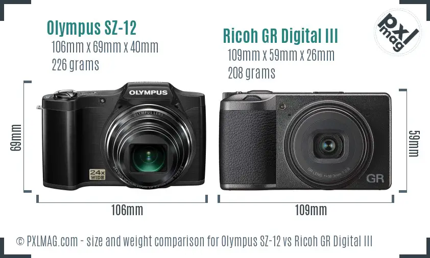 Olympus SZ-12 vs Ricoh GR Digital III size comparison