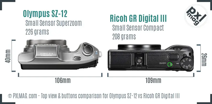 Olympus SZ-12 vs Ricoh GR Digital III top view buttons comparison