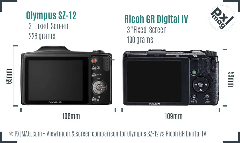 Olympus SZ-12 vs Ricoh GR Digital IV Screen and Viewfinder comparison