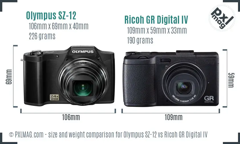 Olympus SZ-12 vs Ricoh GR Digital IV size comparison