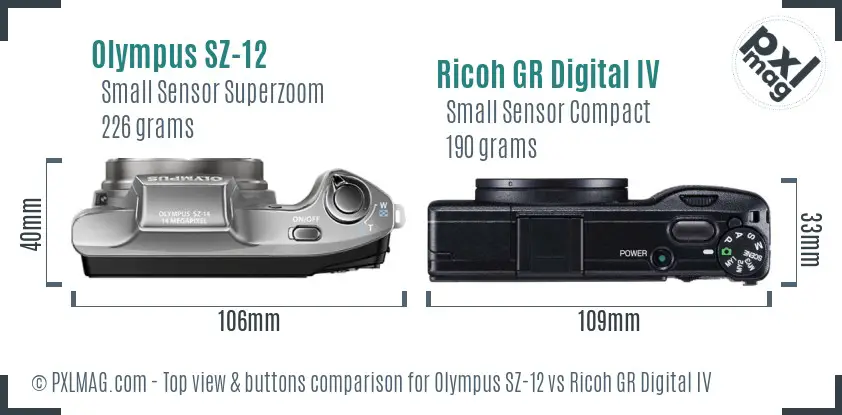 Olympus SZ-12 vs Ricoh GR Digital IV top view buttons comparison