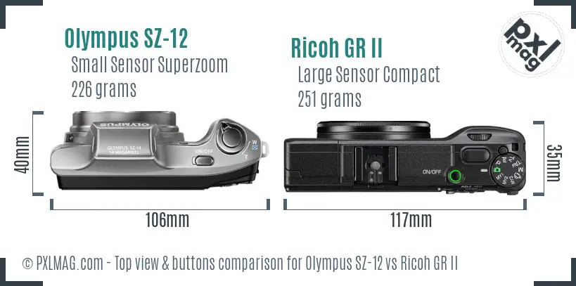 Olympus SZ-12 vs Ricoh GR II top view buttons comparison Olympus SZ-12 vs Ricoh GR II top view buttons comparison