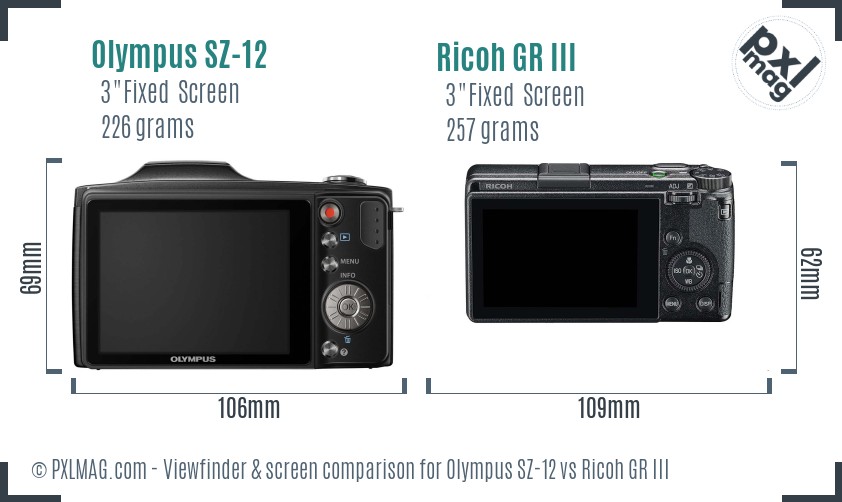 Olympus SZ-12 vs Ricoh GR III Screen and Viewfinder comparison