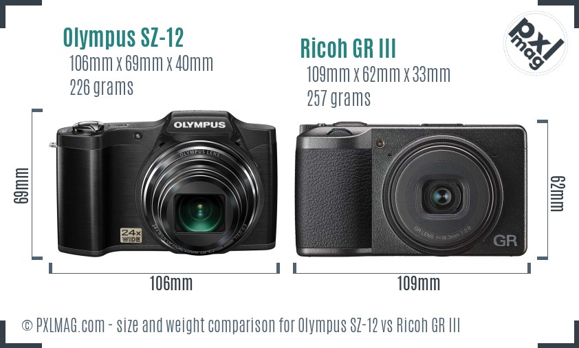 Olympus SZ-12 vs Ricoh GR III size comparison