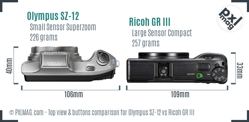 Olympus SZ-12 vs Ricoh GR III top view buttons comparison