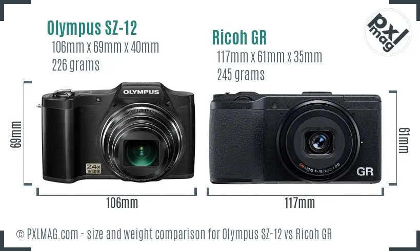 Olympus SZ-12 vs Ricoh GR size comparison