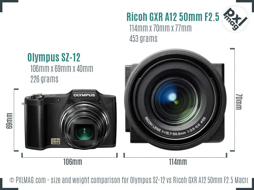 Olympus SZ-12 vs Ricoh GXR A12 50mm F2.5 Macro size comparison Olympus SZ-12 vs Ricoh GXR A12 50mm F2.5 Macro size comparison