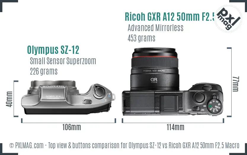 Olympus SZ-12 vs Ricoh GXR A12 50mm F2.5 Macro top view buttons comparison Olympus SZ-12 vs Ricoh GXR A12 50mm F2.5 Macro top view buttons comparison